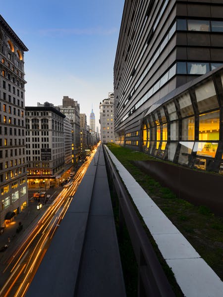 A view of Fifth Avenue at dusk from the University Center's library.